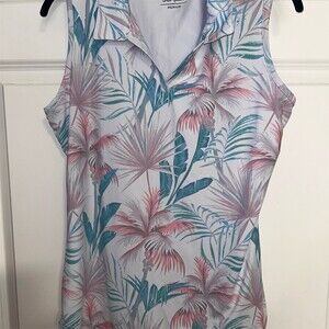 Scales Golf Polo Shirt Womens M Sleeveless Tropical Palm Print White
